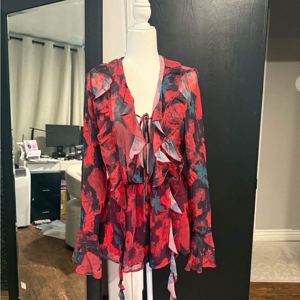 Fashion Nova Red and Blue Floral Blouse